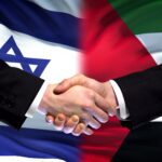 Israel and Palestine handshake, international friendship policy, flag background